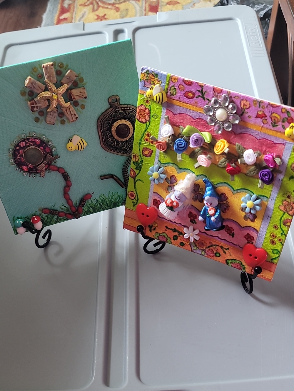 Set Of 2 - 6x6 Art Canvases - Vintage Jewelry Flowers & Gnome Bride & Groom.